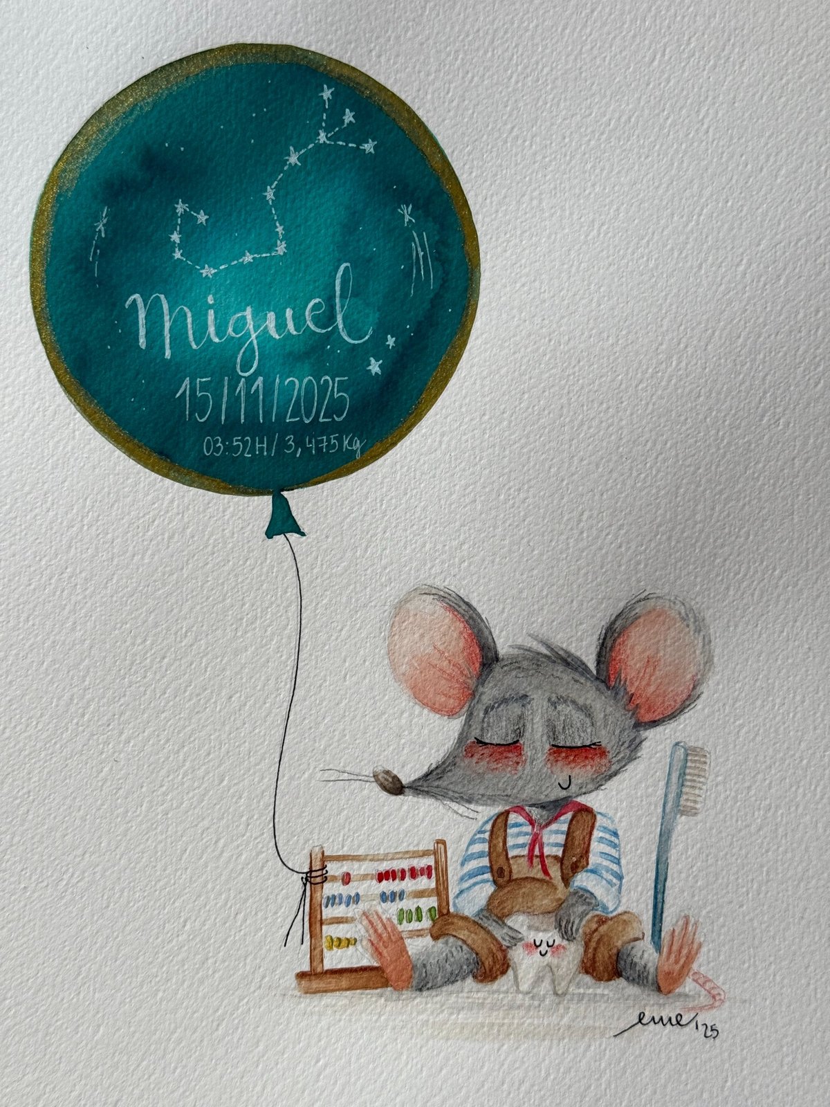 Acuarela infantil personalizada con un ratoncito y globo