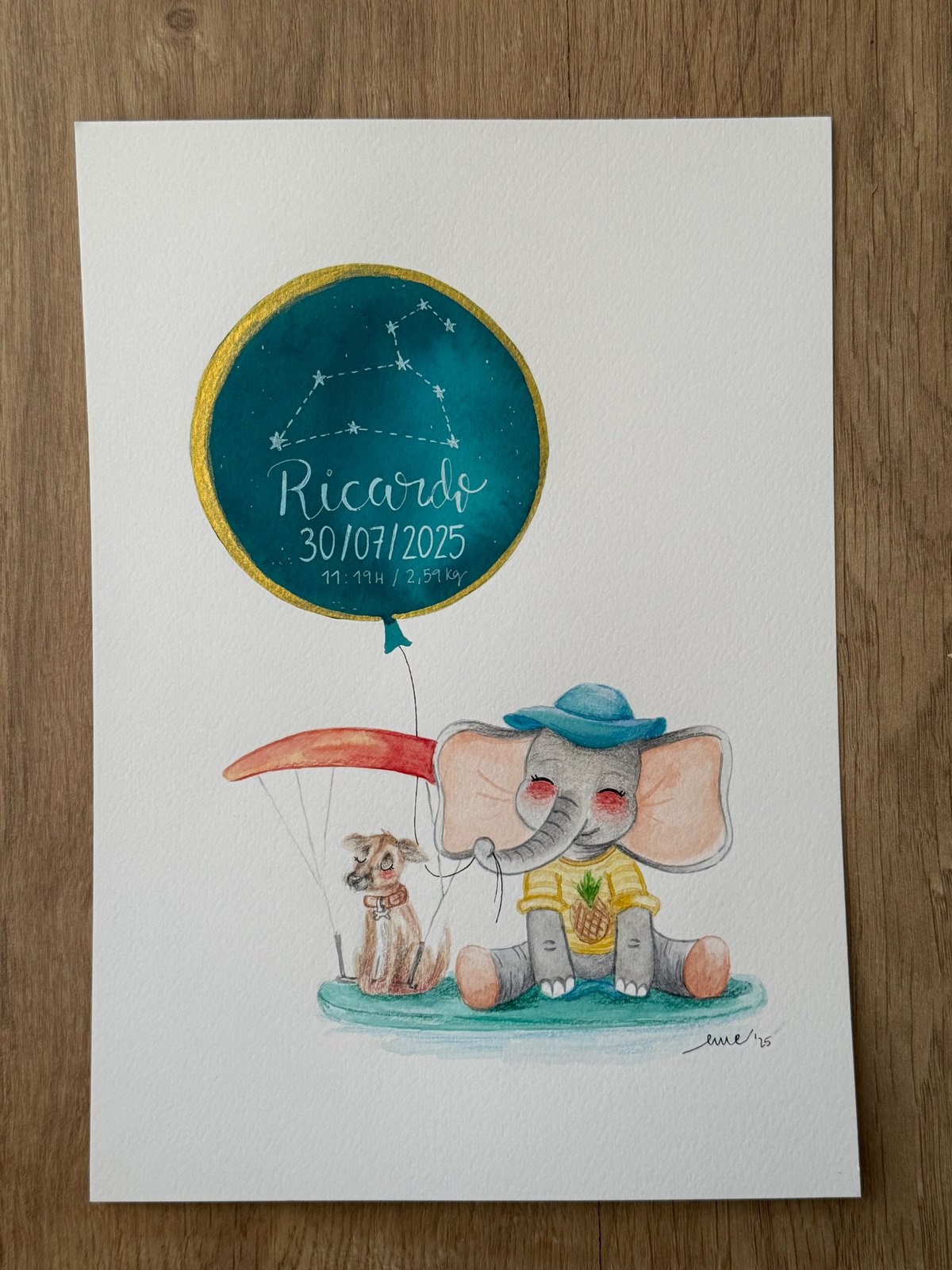 Acuarela infantil personalizada con un león y un perrito